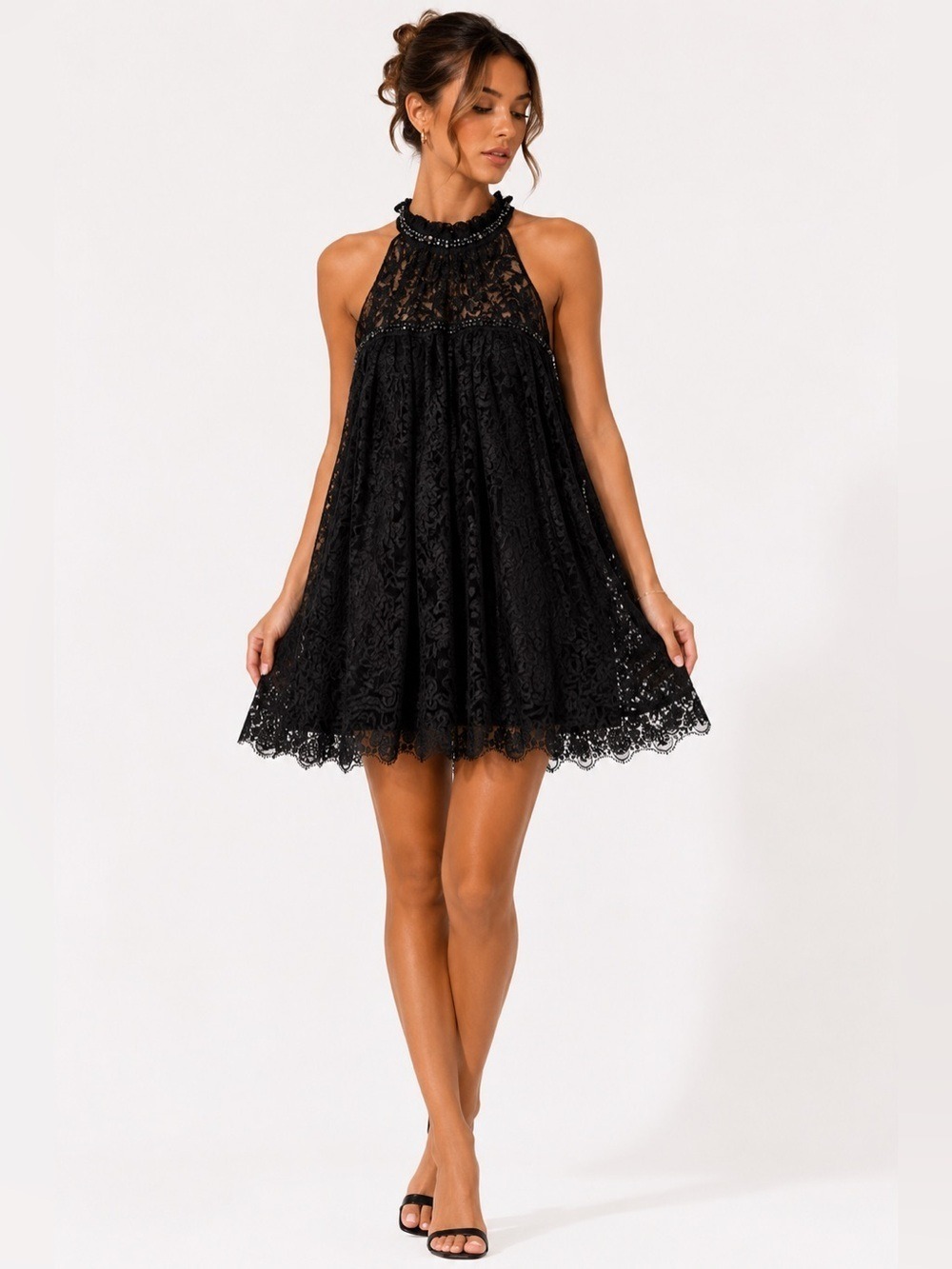 NWT BCBGMaxAzria Y2K Rare Beaded Lace Halter Neck Mini Swing Dress
Size 6